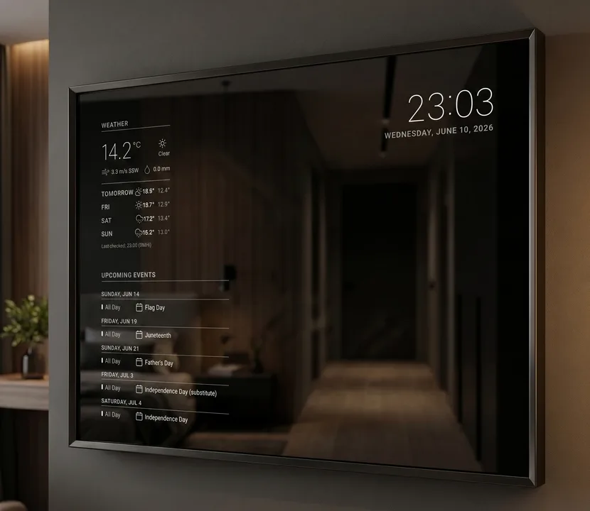 A framed two-way mirror in a hallway, with the weather, a calendar and the time shining through the glass