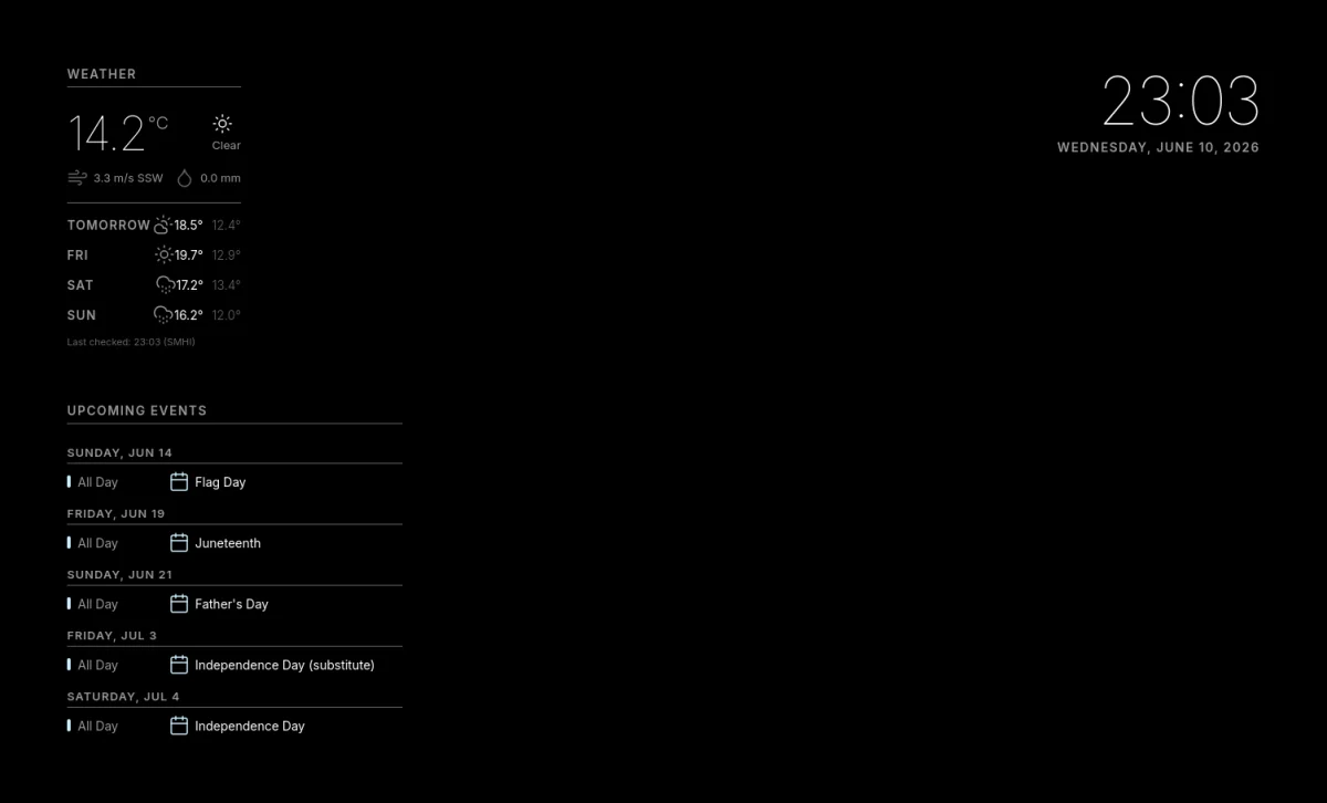 The mirror's screen: weather and upcoming events on the left, the time on the right